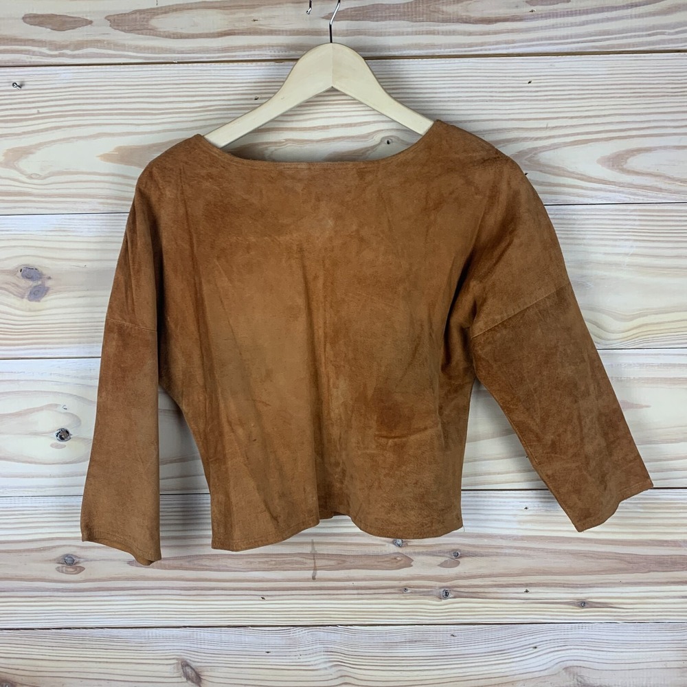 Vtg Austin Collection Suede Top Small‎ Brown Crop 3/4 Sleeve Shirt Texas Western